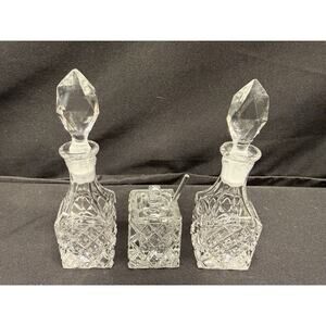 Rare Mini Crystal Clear Glass Cruets & Jam Jar W/ Spoon Set Of 3 Square Vintage